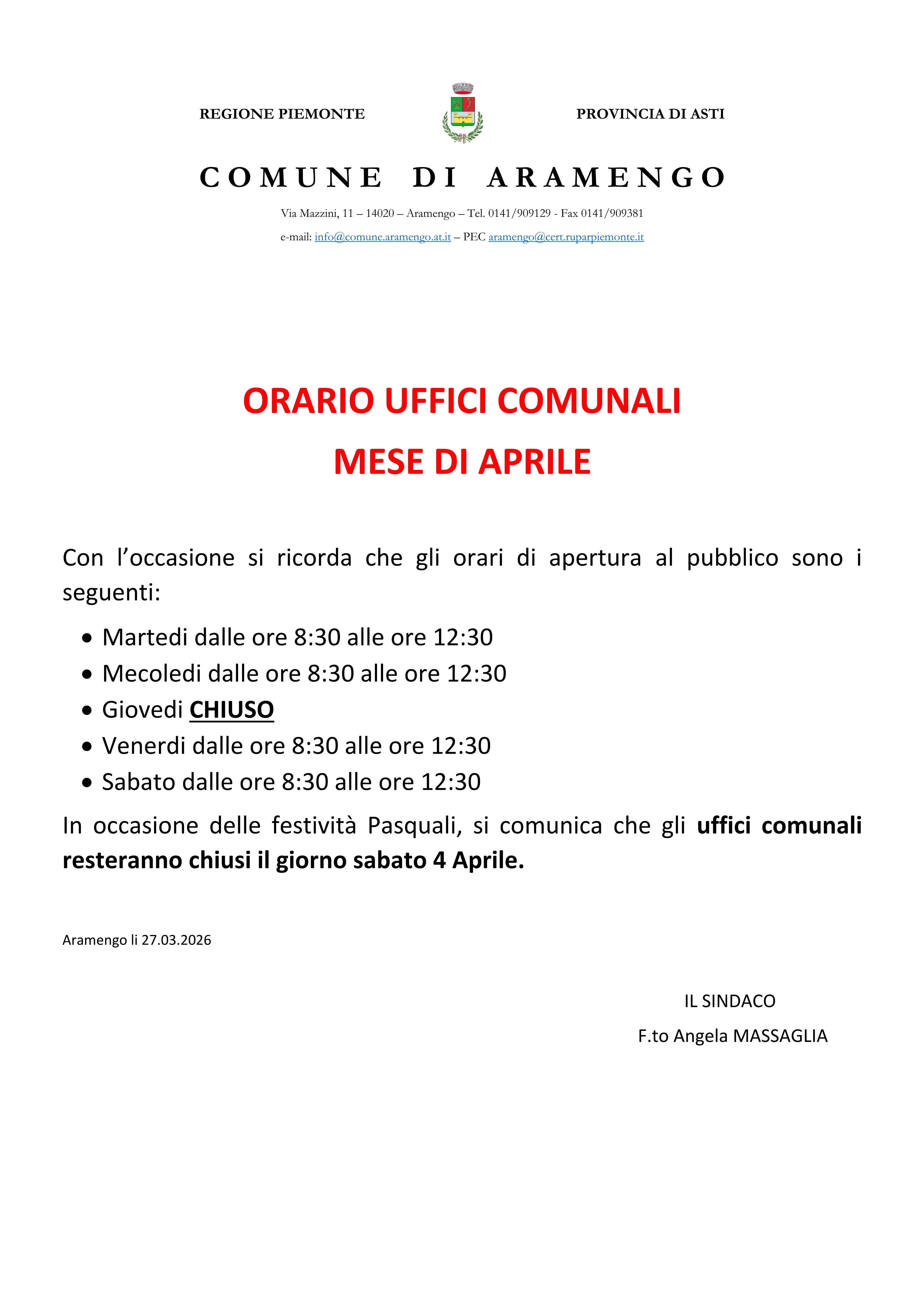 Avviso Chiusura Straordinaria Uffici Comunali per Festività Pasquali